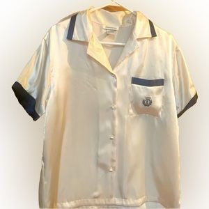 Jones New York silk intimate honey cream with embroidered pocket and navy trim